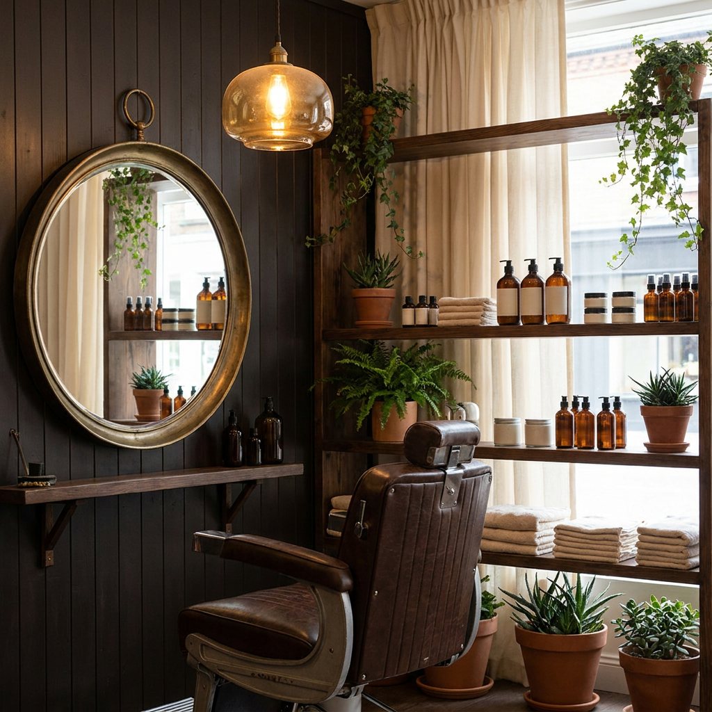 Gezellige hoek in de salon met een vintage kappersstoel en een ronde spiegel