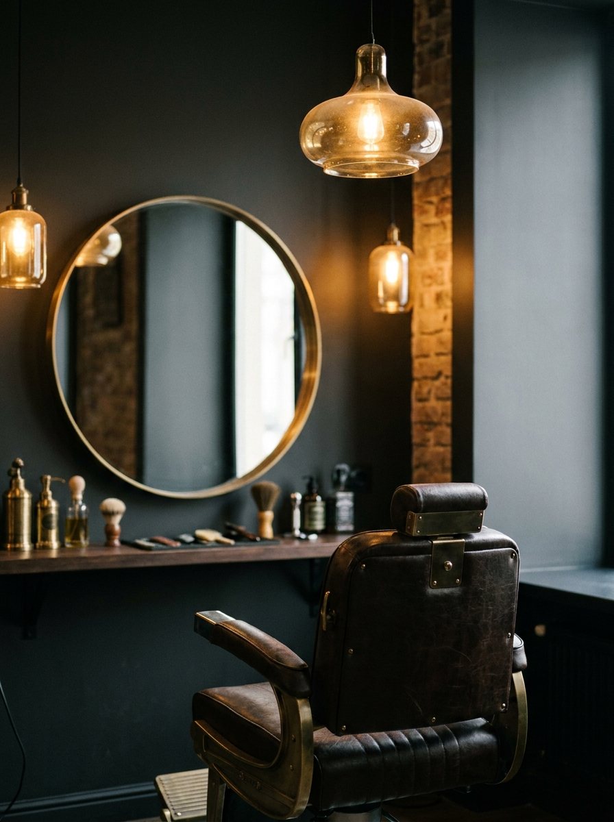 Stijlvolle kapsalon met een ronde brass-spiegel, een donkere muur en een vintage kappersstoel